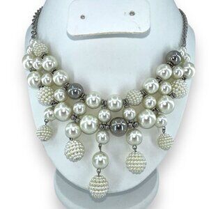 Faux Pearl Bib Style Dangle Beads With Ball Beads Silver Plated Chain necklace b